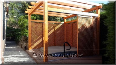Instalación zona SPA tarima madera pérgola Ecoinox